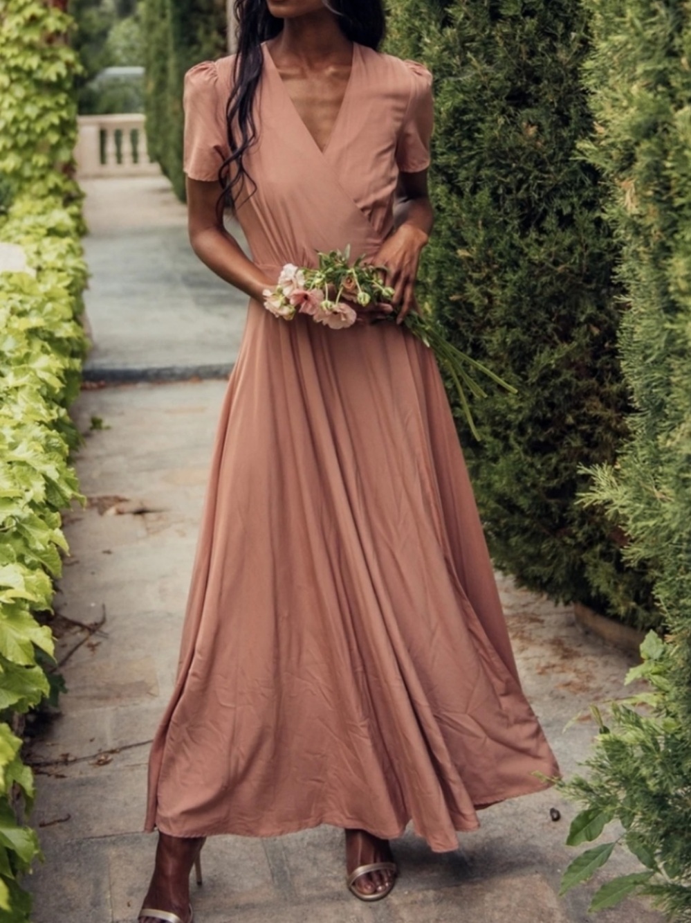 JessaKae Poet Wrap Maxi Dress Short Sleeve V-Neck Camel Plus Size Bridesmaid NWT